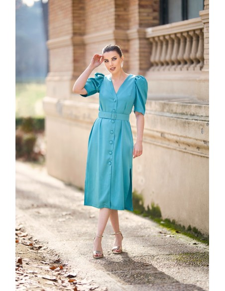 Vestido midi de raso con manga abullonada y cinturón Vestido midi de raso con manga abullonada y cinturón