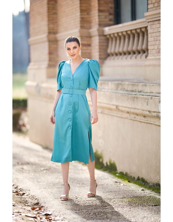 Robe midi en satin avec manches bouffantes et ceinture 2