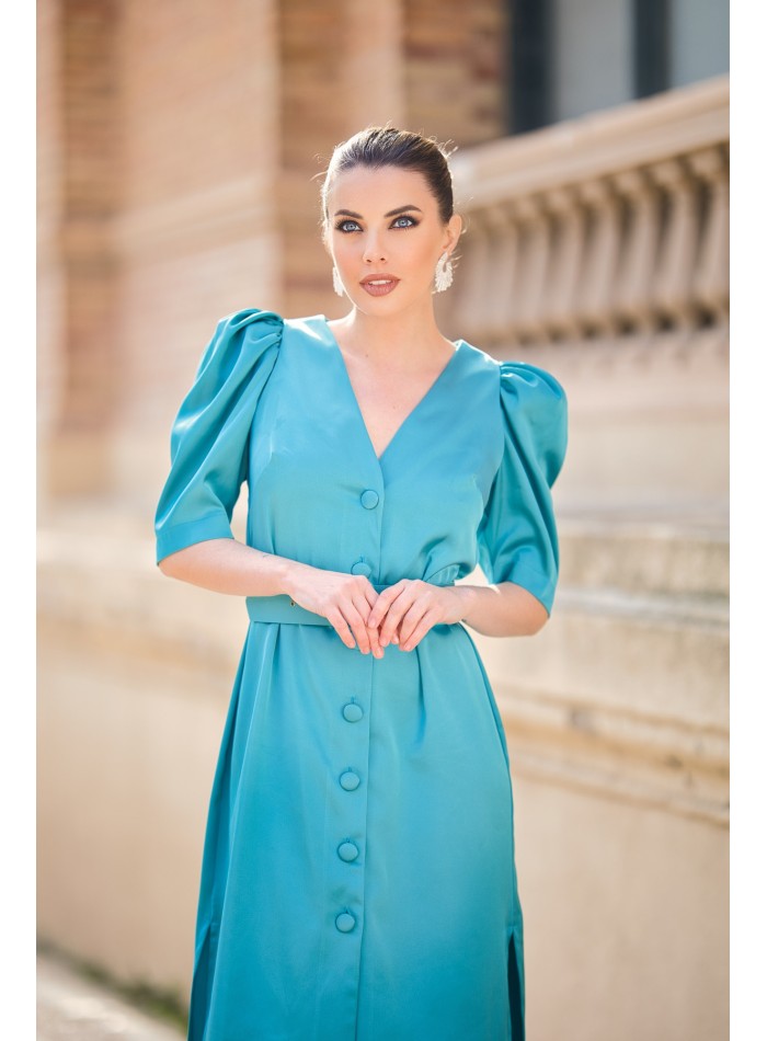 Satin midi dress with puffed sleeve and belt