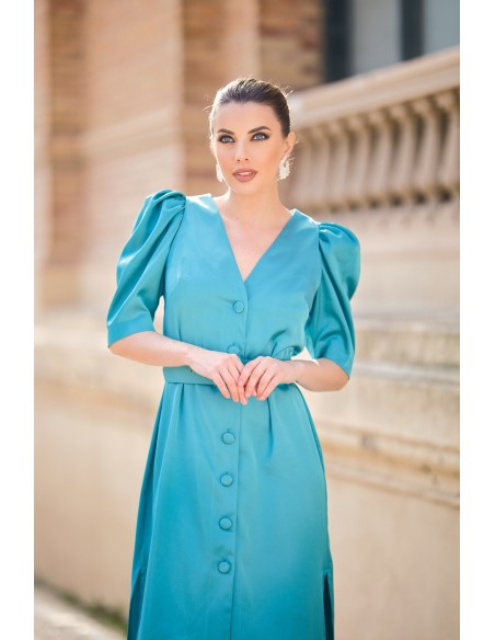 Satin midi dress with puffed sleeve and belt