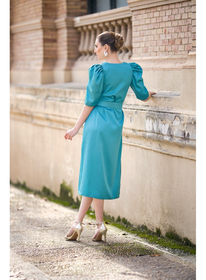Satin midi dress with puffed sleeve and belt