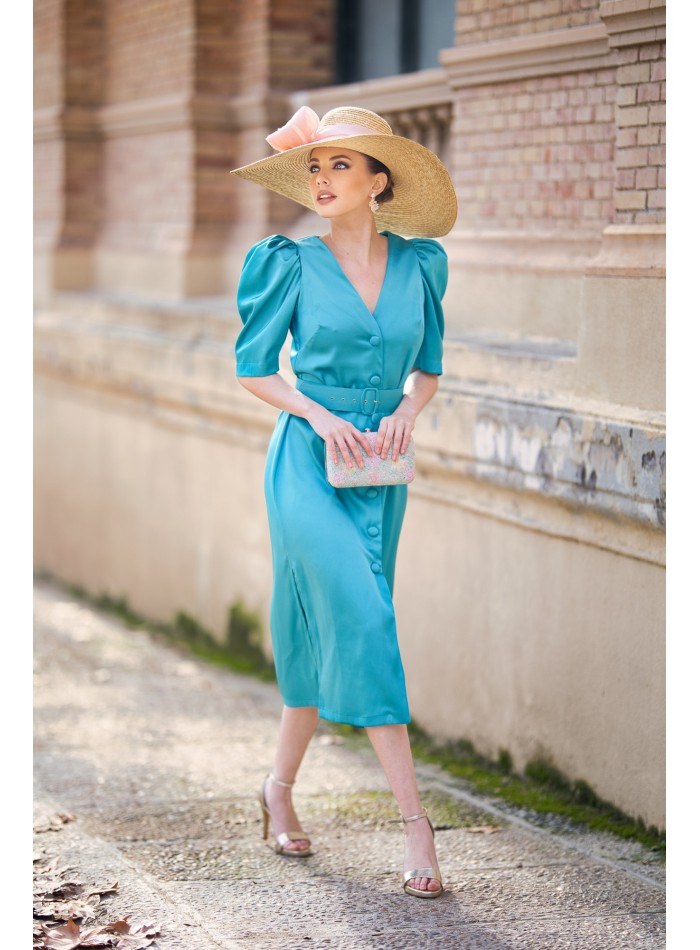 Satin midi dress with puffed sleeve and belt