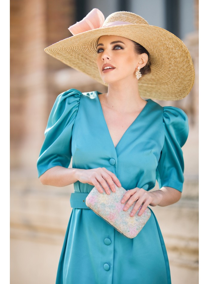 Vestido midi de raso con manga abullonada y...