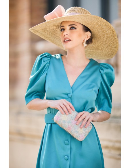 Robe midi en satin avec manches bouffantes et ceinture