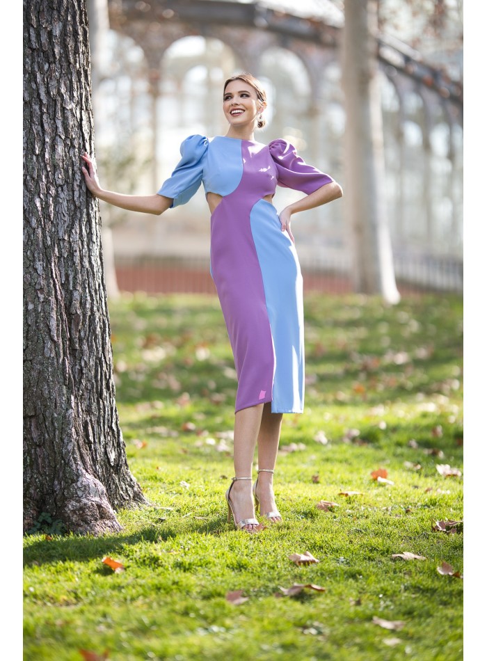 Bicolor midi dress with cut-out and open back