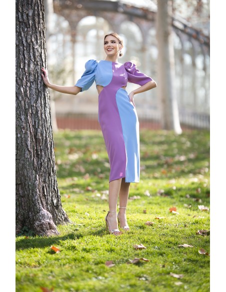 Bicolor midi dress with cut-out and open back