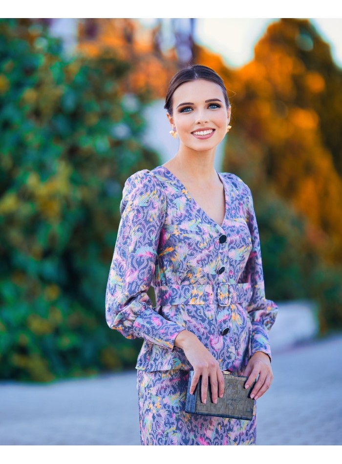 Blouse d'invité imprimée avec manches bouffantes et ceinture