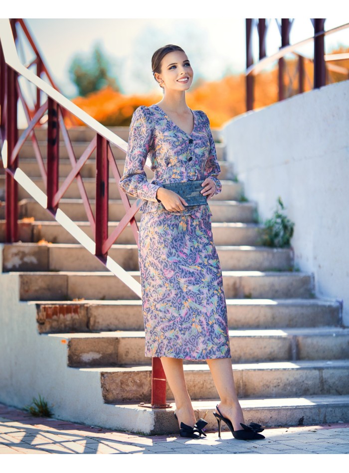 Printed guest blouse with puffed sleeve and belt