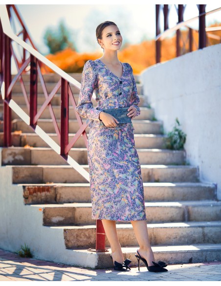 Printed guest blouse with puffed sleeve and belt