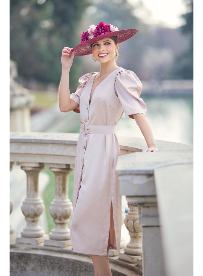 Satin midi dress with V-neckline and puffed sleeves