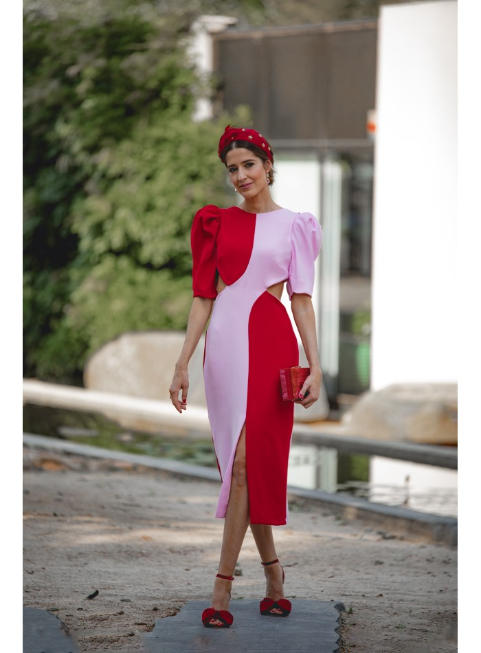 Vestido midi bicolor para invitada con cut-out