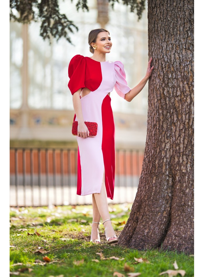 Vestido midi bicolor para invitada con cut-out
