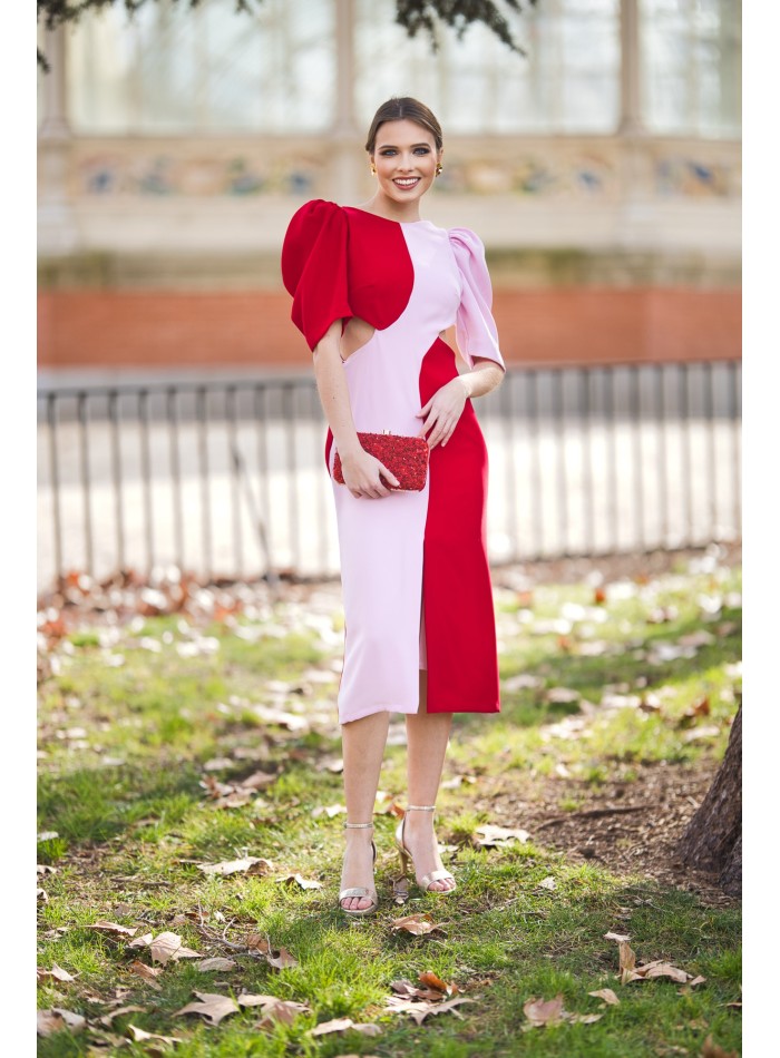 Vestido midi bicolor para invitada con cut-out