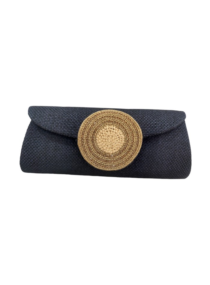 Navy blue jute party handbag with golden clasp