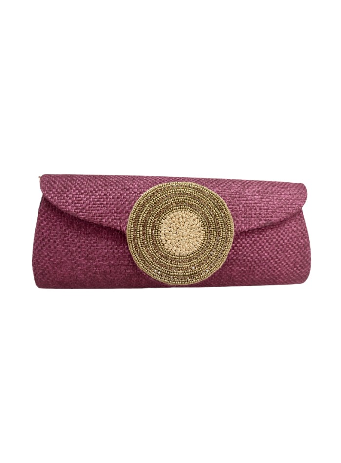 Pink jute handbag with golden stone closure