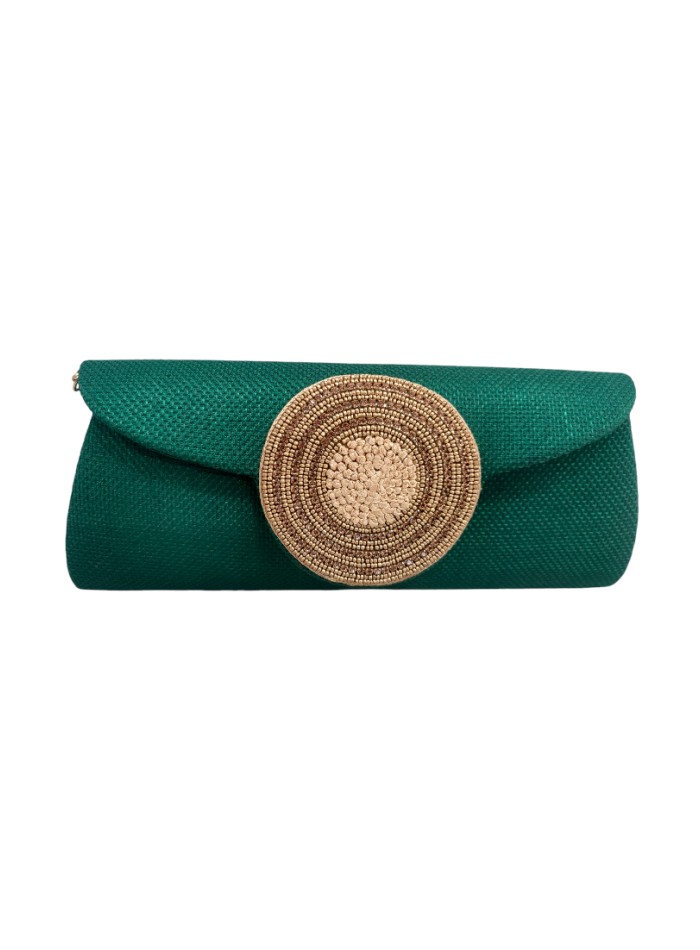 Emerald green jute party clutch with stones clasp