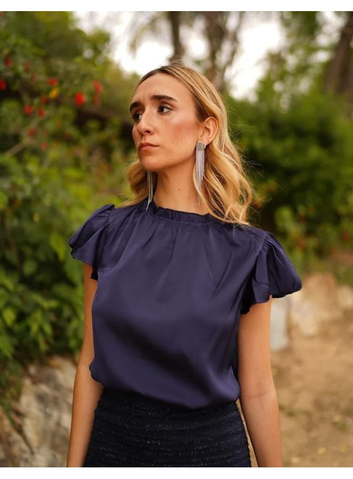 Navy blouse with short sleeves and ruffles