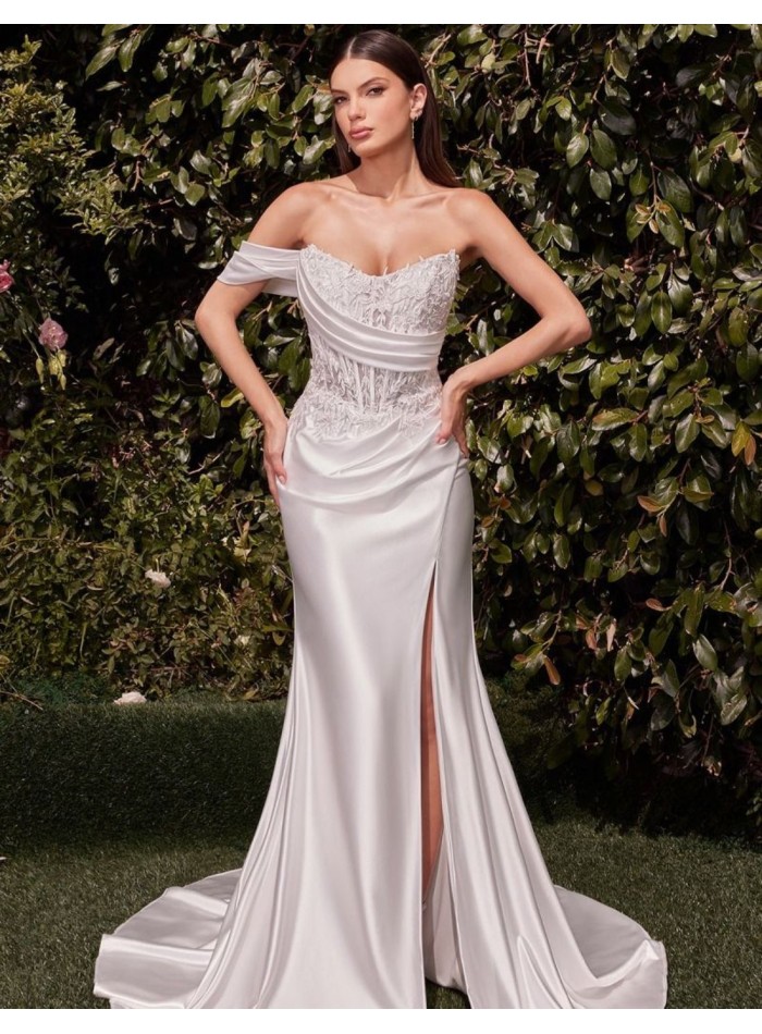 Satin wedding dress with lace and bare shoulder