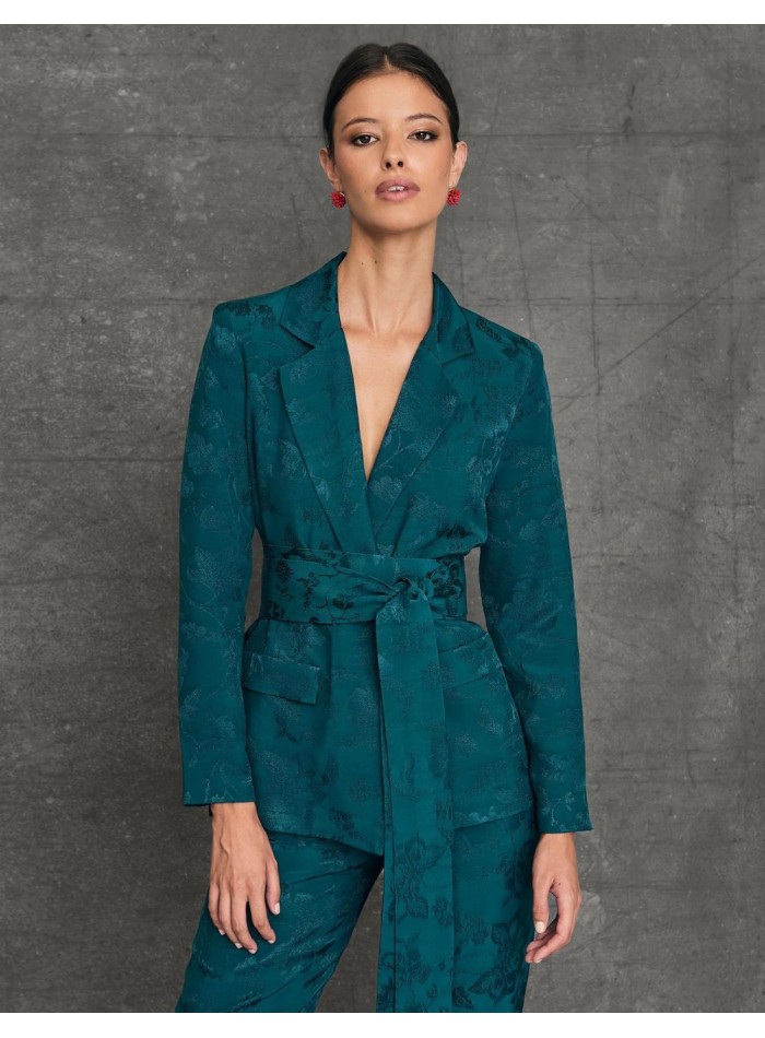 Crossed neckline and green sash blazer