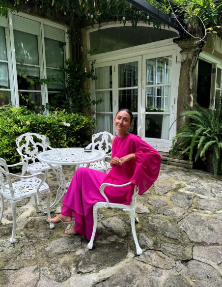 Vestido largo de fiesta con tirantes y capa de gasa - SABELA GIL