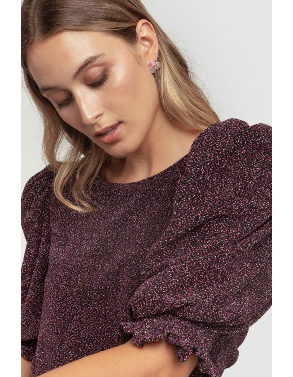 Black lurex blouse with puffed sleeves and ruffle details 2