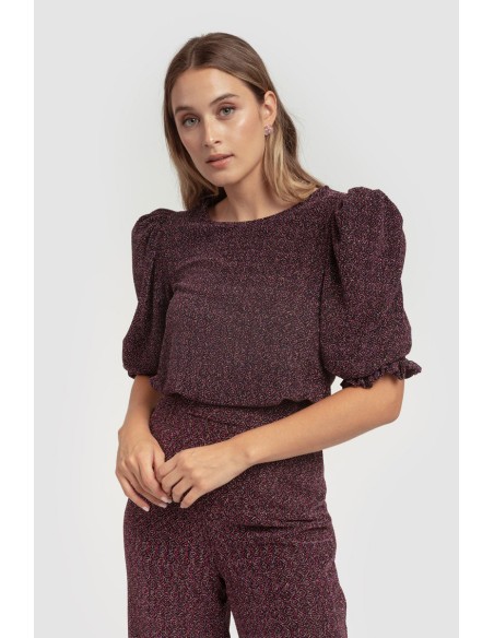 Chemisier en lurex noir à manches bouffantes et à volants