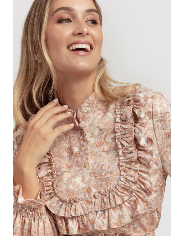 Vestido estampado floral rosa con volantes y manga larga 2
