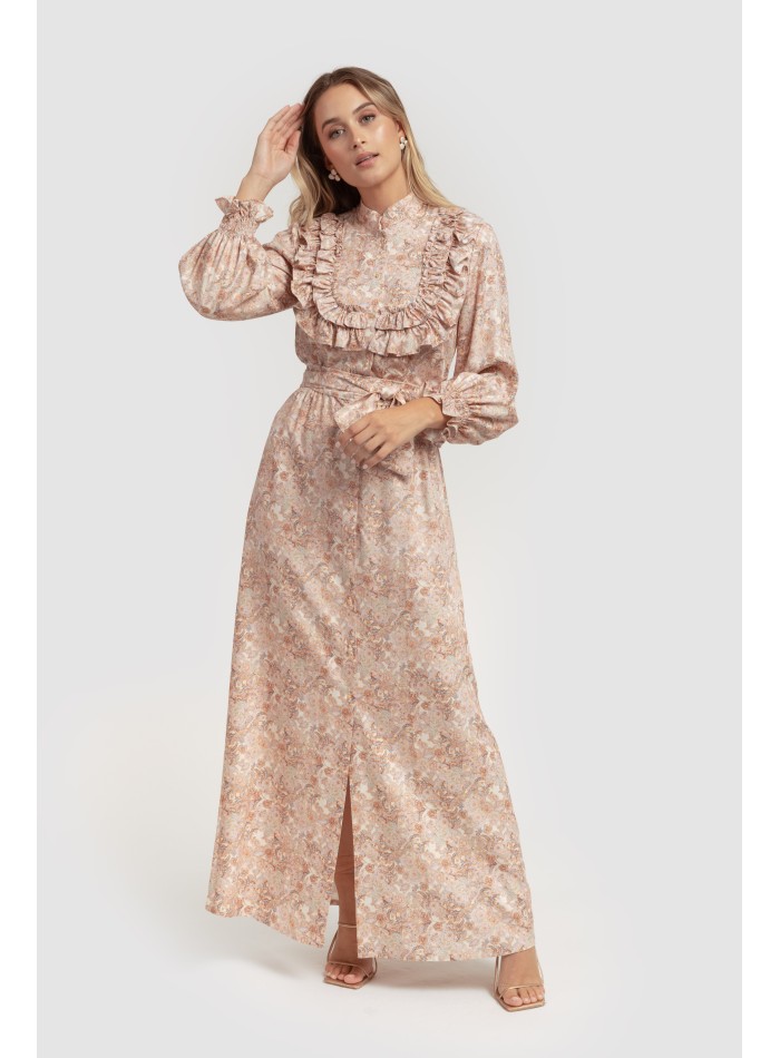 Robe rose à imprimé floral avec volants et manches longues