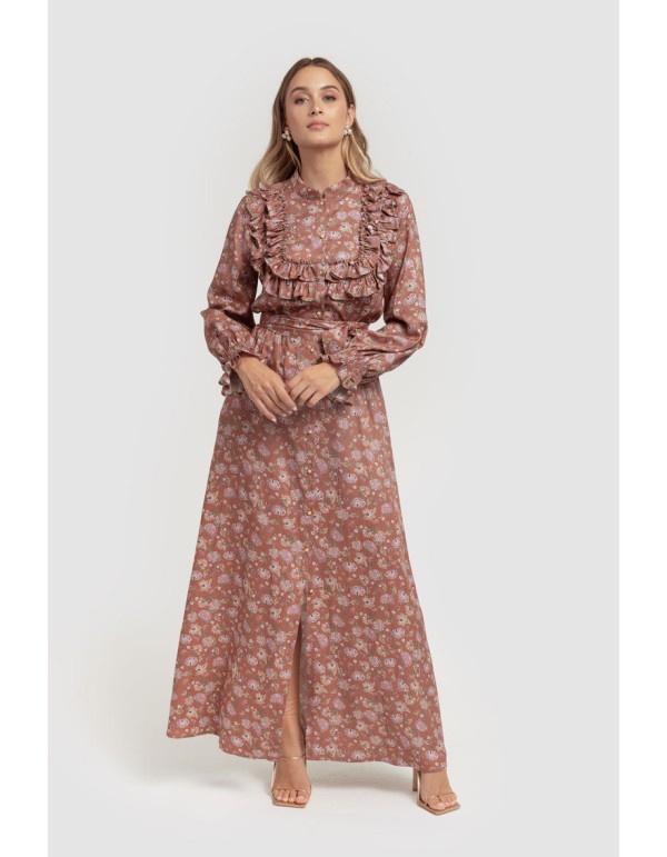 Vestido estampado floral marrón con volantes en el escote