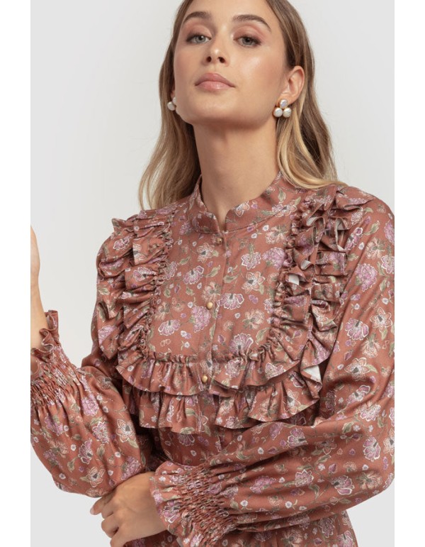 Vestido estampado floral marrón con volantes en el escote 2
