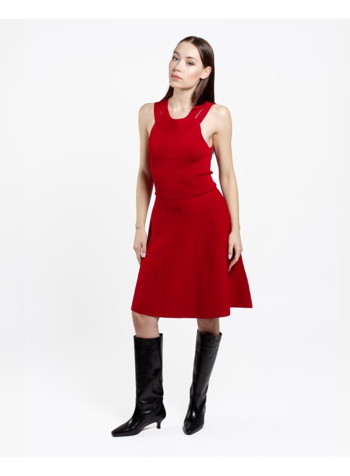 Short red knitted dress with cut-out neckline