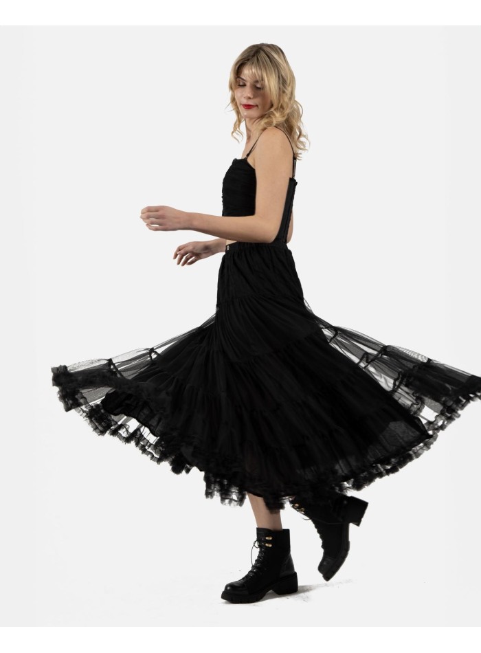 Midi party skirt in black tulle with ruffles