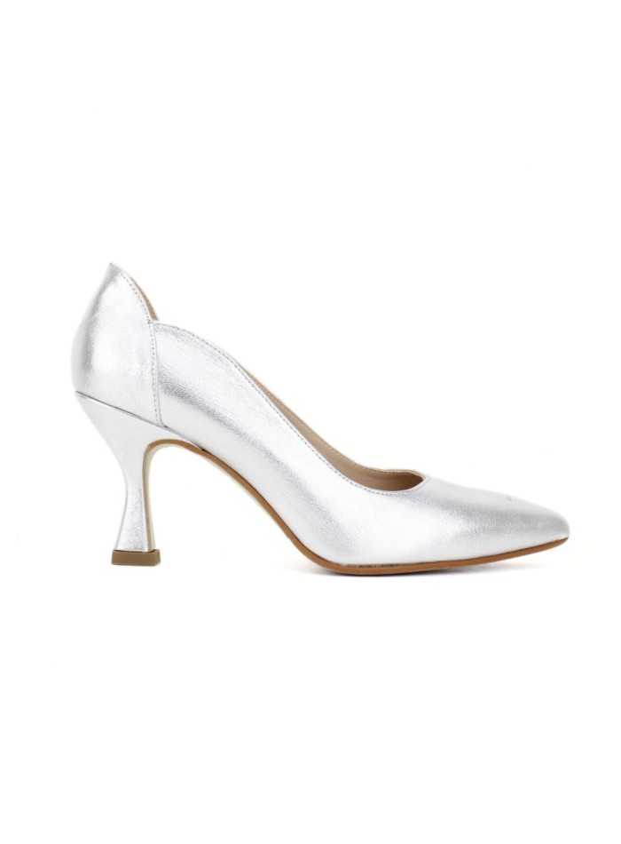 Silver leather party shoe with trapeze heel