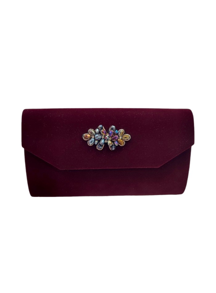 Maroon velvet handbag with brooch ornament