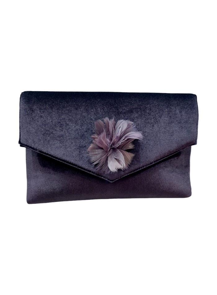 Purple velvet clutch bag with brooch ornament