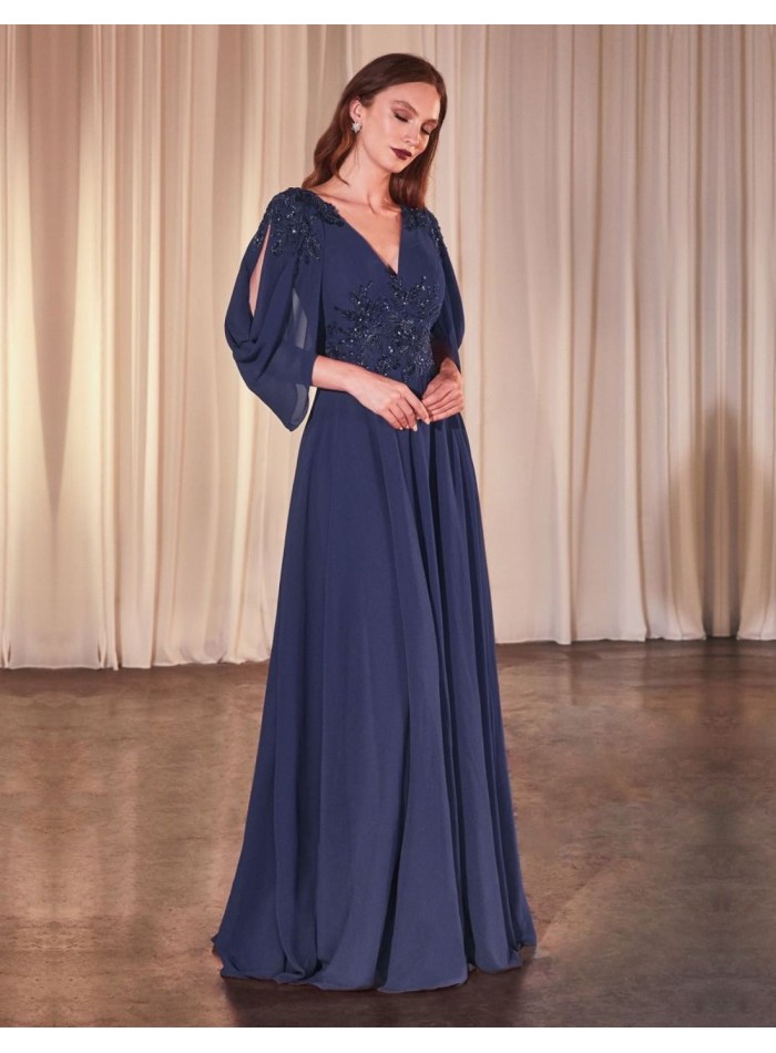 Long chiffon guest dress with open sleeves and rhinestone details