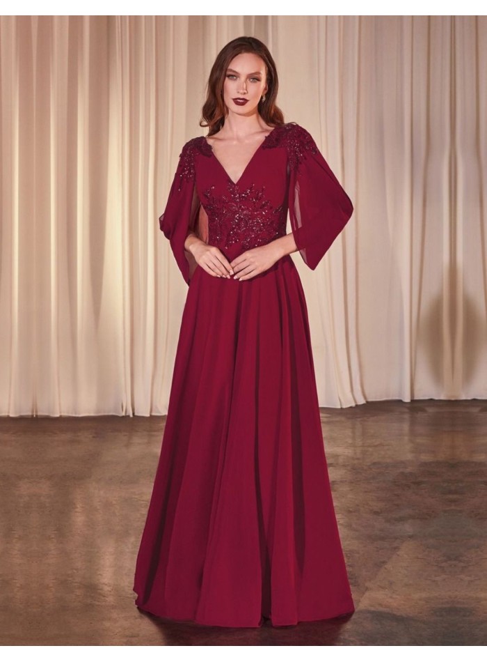 Long chiffon guest dress with open sleeves and rhinestone details