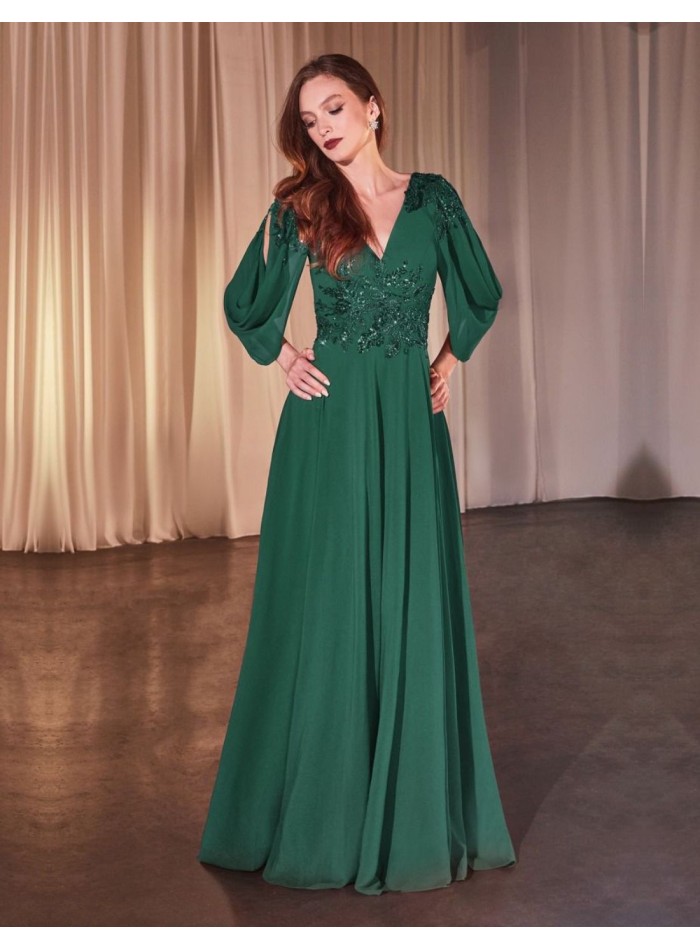 Long chiffon guest dress with open sleeves and rhinestone details