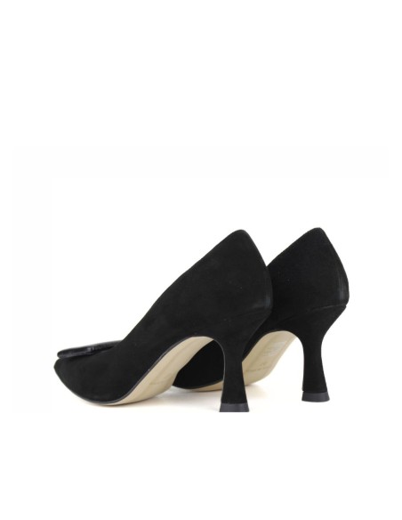 Black suede heeled shoe with buckle detail