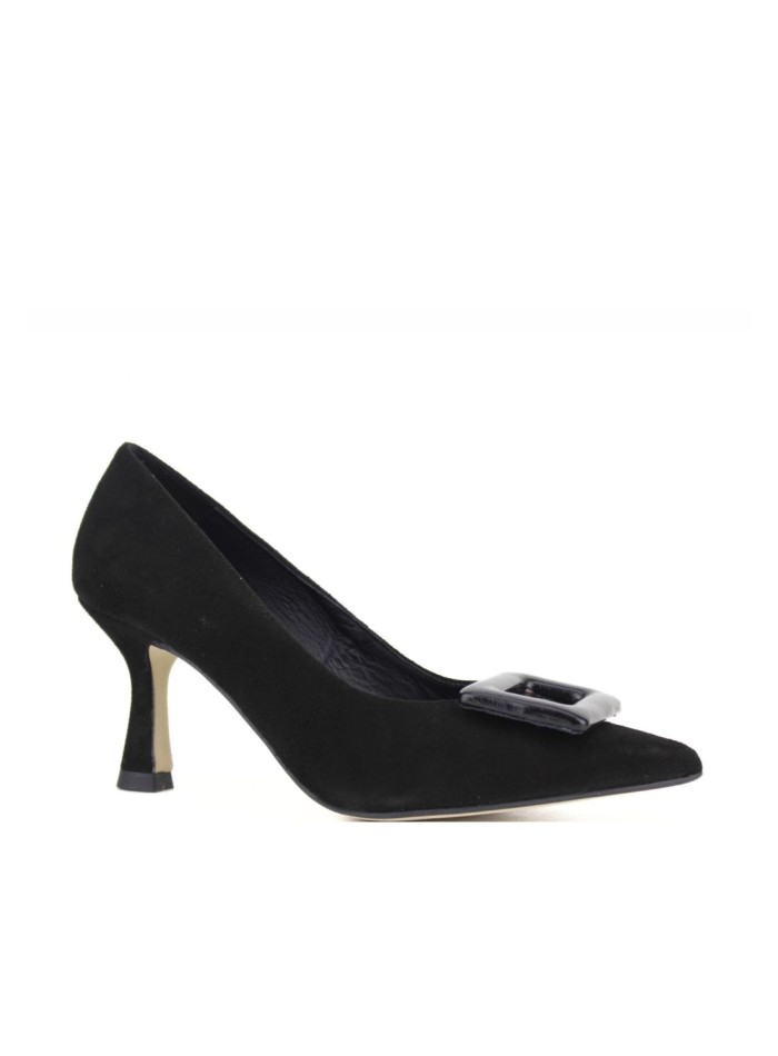 Black suede heeled shoe with buckle detail