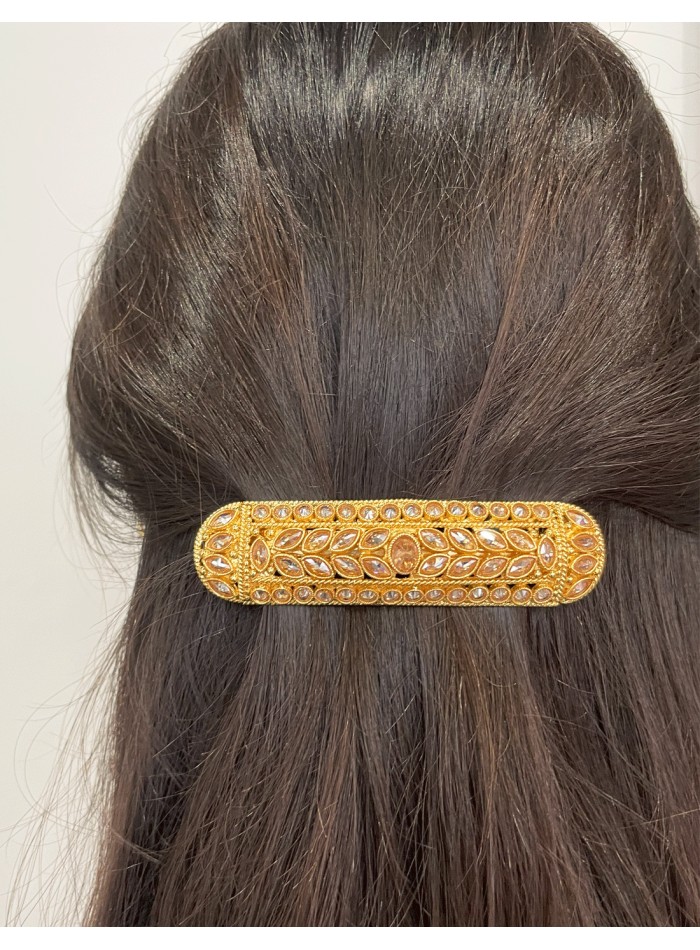 Gold hair barrette with gold and pink crystals