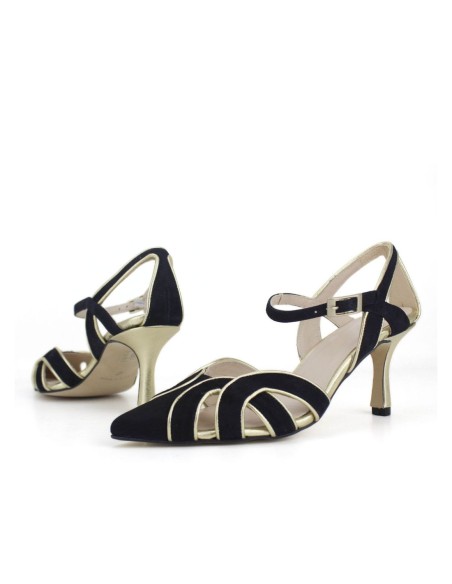 Black low heel shoes with gold details