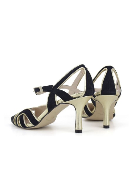 Black low heel shoes with gold details