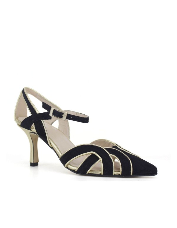 Zapatos de tacón bajo negro con detalles dorados