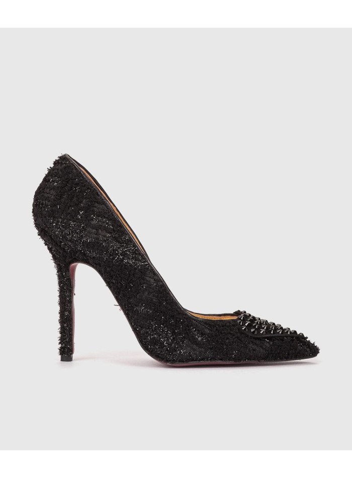 Black tweed pumps with metallic embellishment