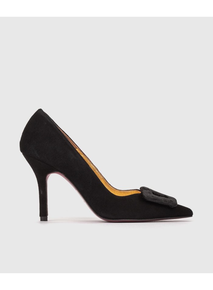 Black suede mid heel pump with medium heel