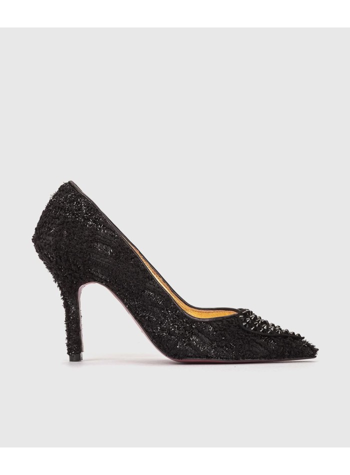 Black pumps with tweed fabric and studs