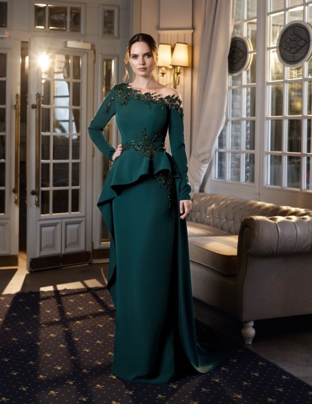 Long party dress with asymmetrical bodice and embroideries
