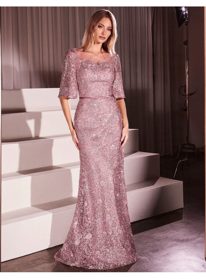 Robe de soirée longue pour invitée en dentelle avec manches françaises