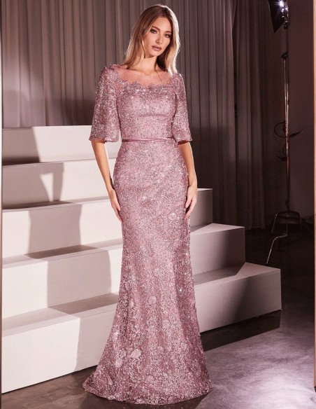 Robe de soirée longue pour invitée en dentelle avec manches françaises